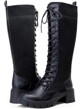 Women's Black Round Toe Lace Up Platform Chunky Heel Knee High Boots